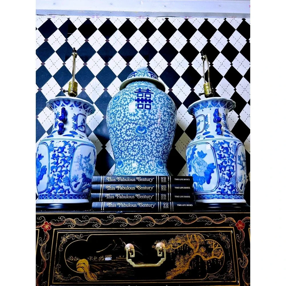 Large Blue White Ginger Jar Double Happiness‎ Chinese Porcelain Temple Jar
